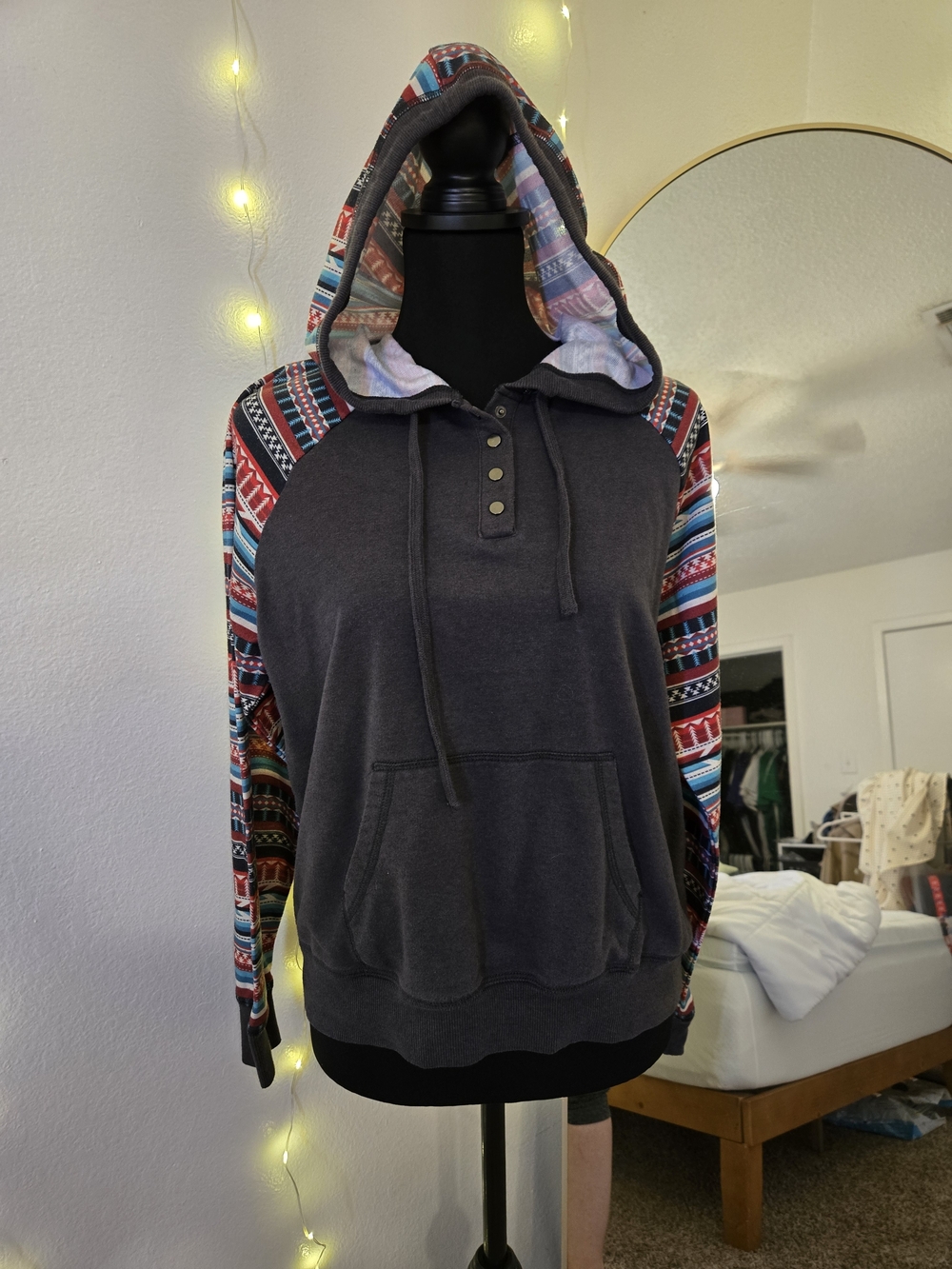Women's Charcoal Hooded Pullover with Multicolor Aztec Sleeves
